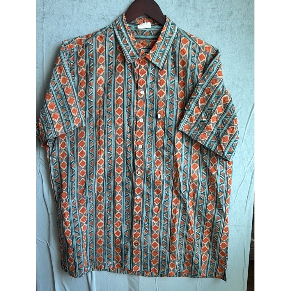 Anokhi Block Print Button Down Shirt Men XL Teal Orange Geometric Boho Artisan